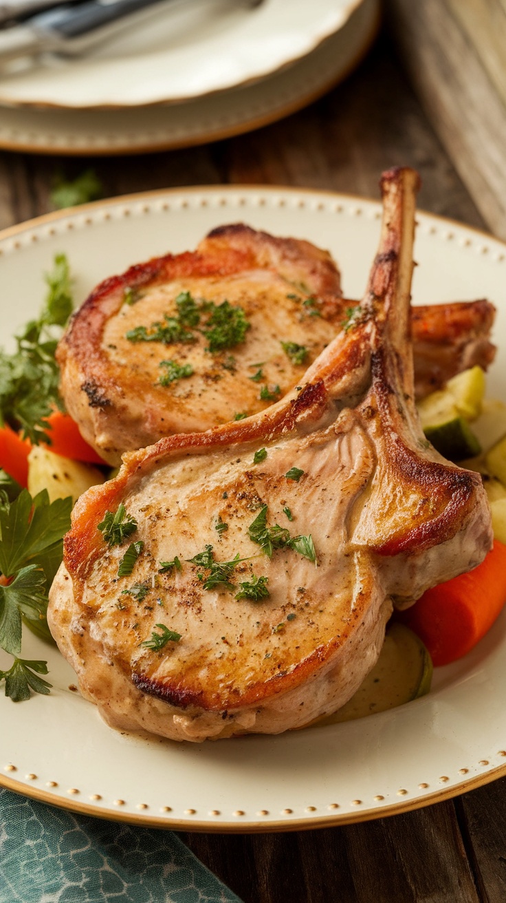 Savory Garlic Butter Pork Chops in creamy sauce, garnished with parsley on a rustic plate.